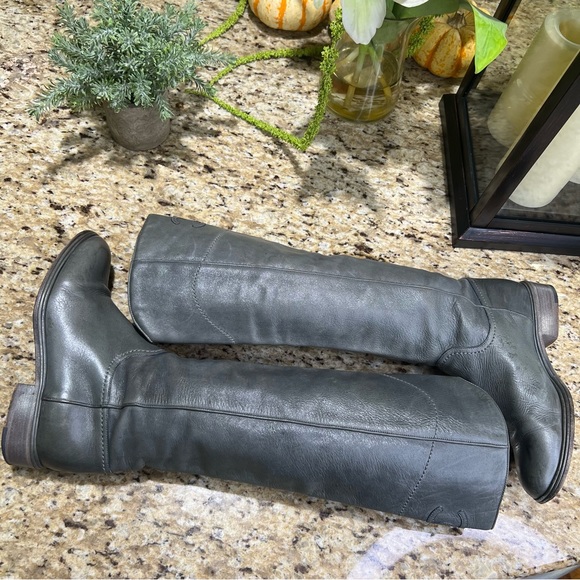 CHANEL Gray Interlocking CC Logo Leather Riding Boots 36.5 - Picture 6 of 14